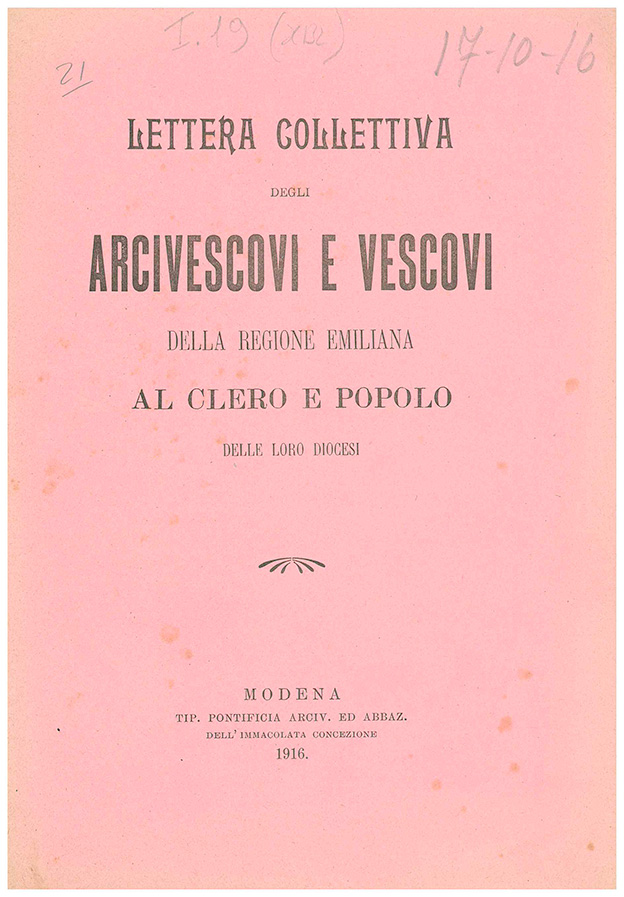 Copertina di Lettera collettiva degli Arcivescovi e Vescovi della Regione Emiliana al Clero e al Popolo delle loro Diocesi