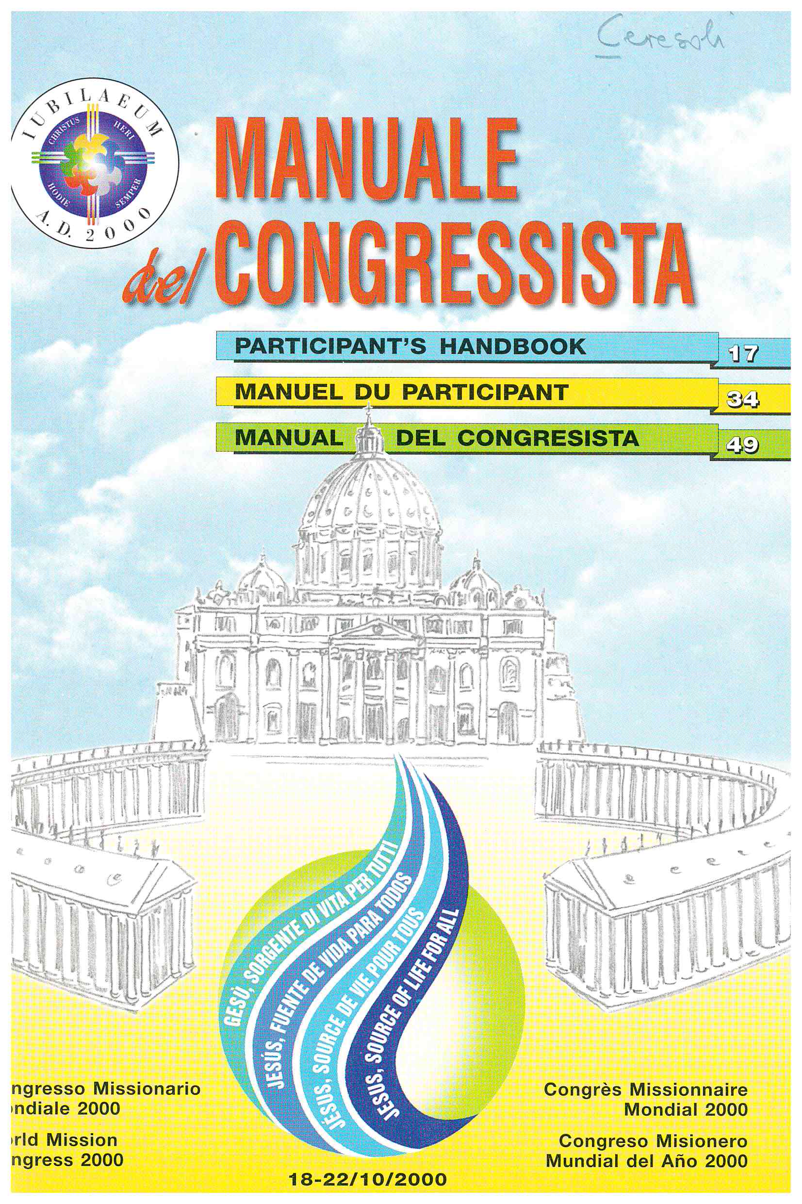 Copertina di Gesù, sorgente di vita per tutti. Manuale del Congressita
