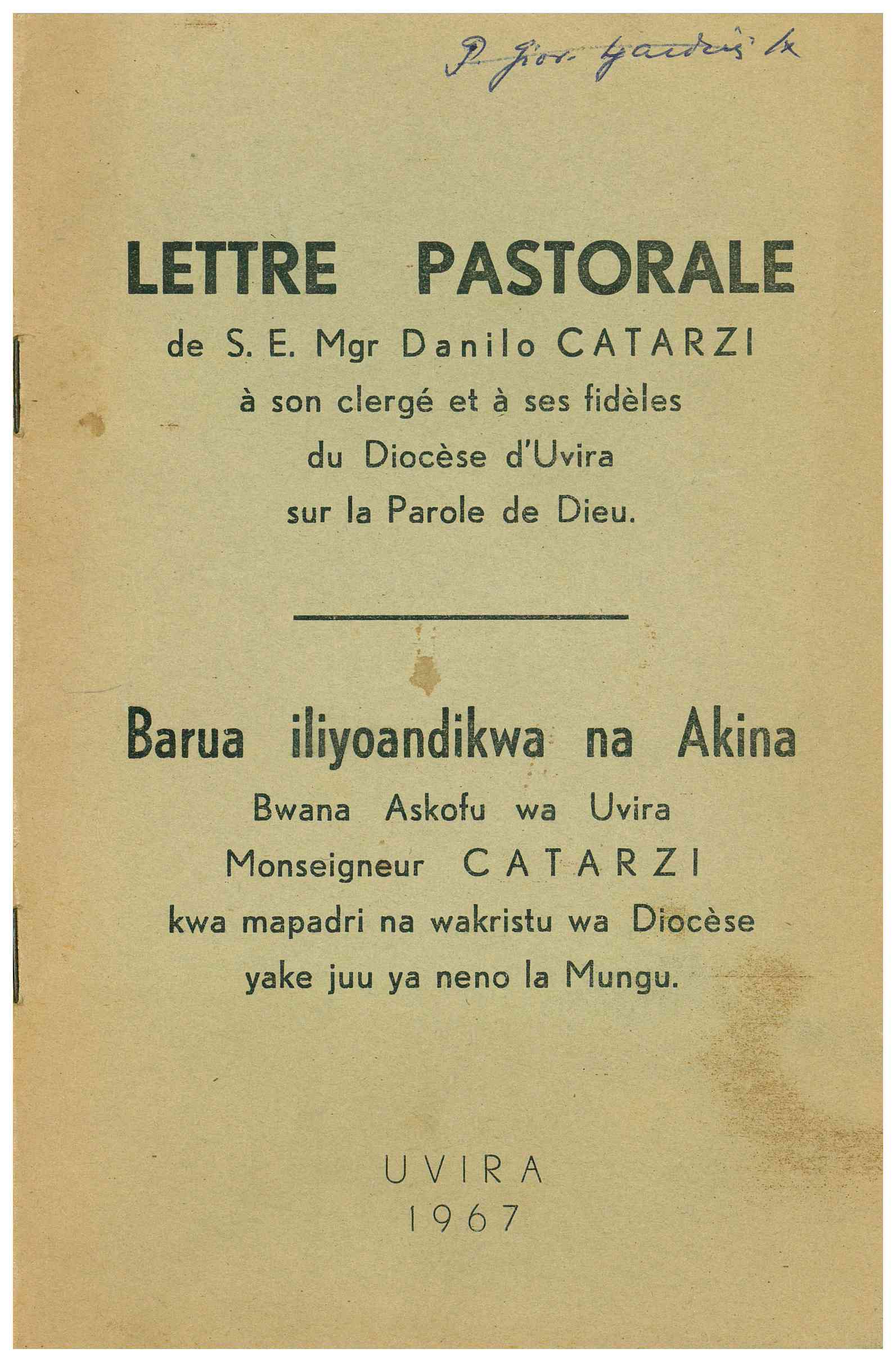 Copertina di Lettre pastorale de S.E. Mgr Danilo Catarzi à son clergé et à ses fidèles du Diocèse d'Uvira sur la Parole de Dieu
