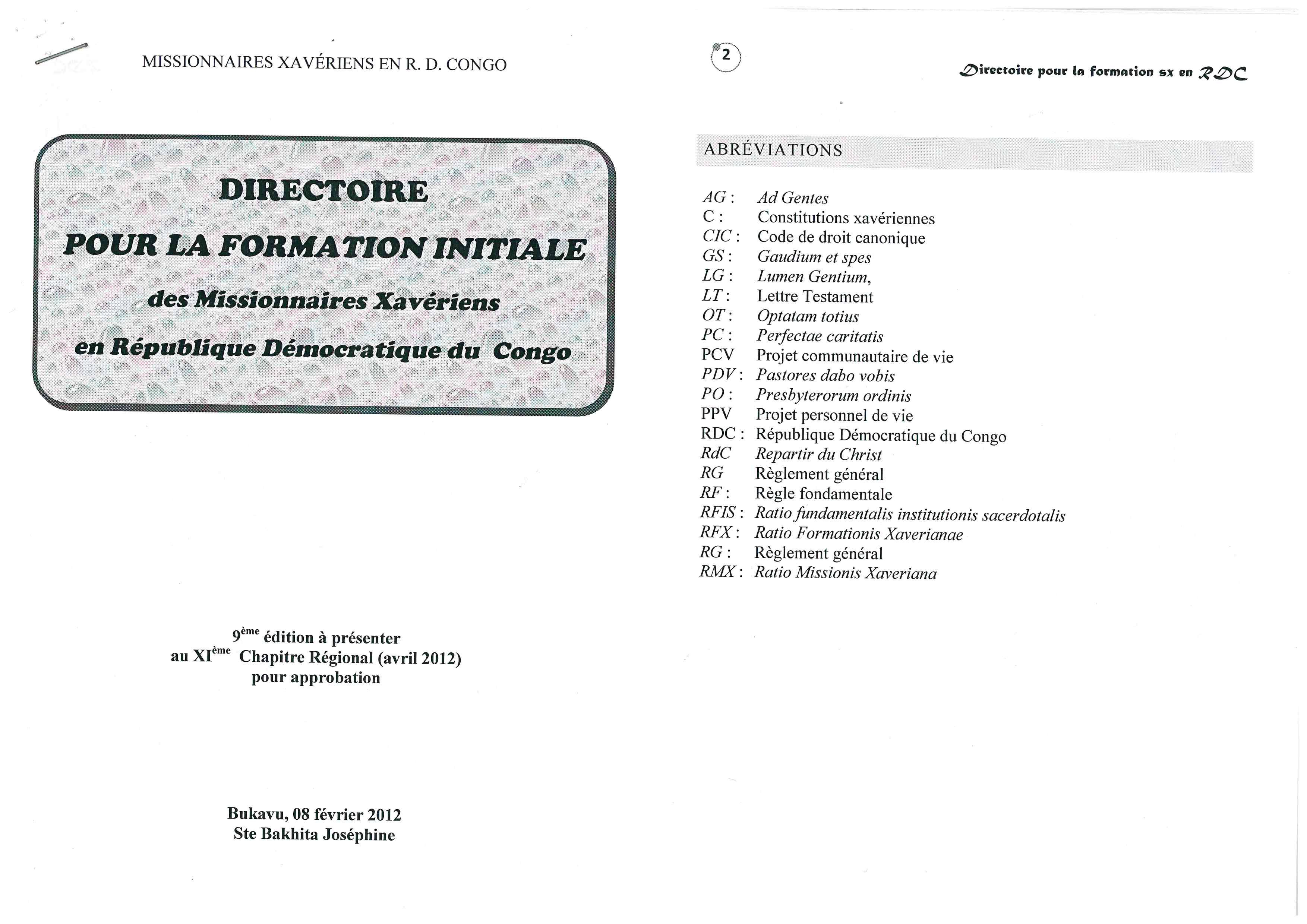 Copertina di Directoire pour la Formation Initiale des Missionnaires Xavériens en R.D. Congo