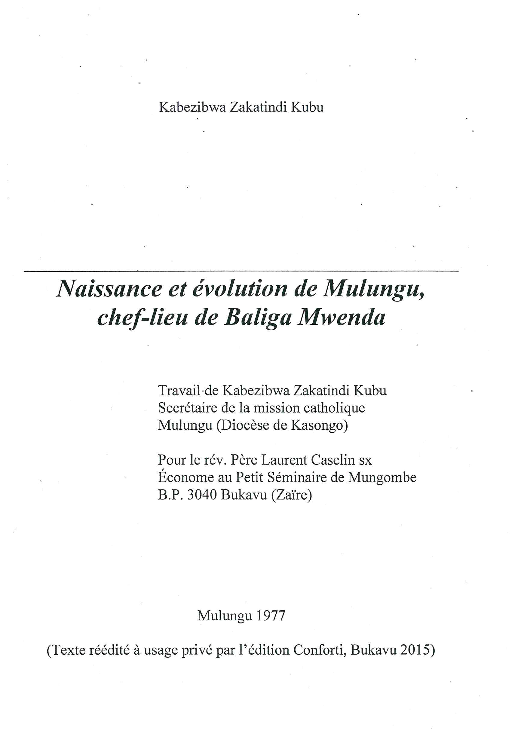 Copertina di Naissance et évolution de Mulungu, chef-lieu de Baliga Mwenda