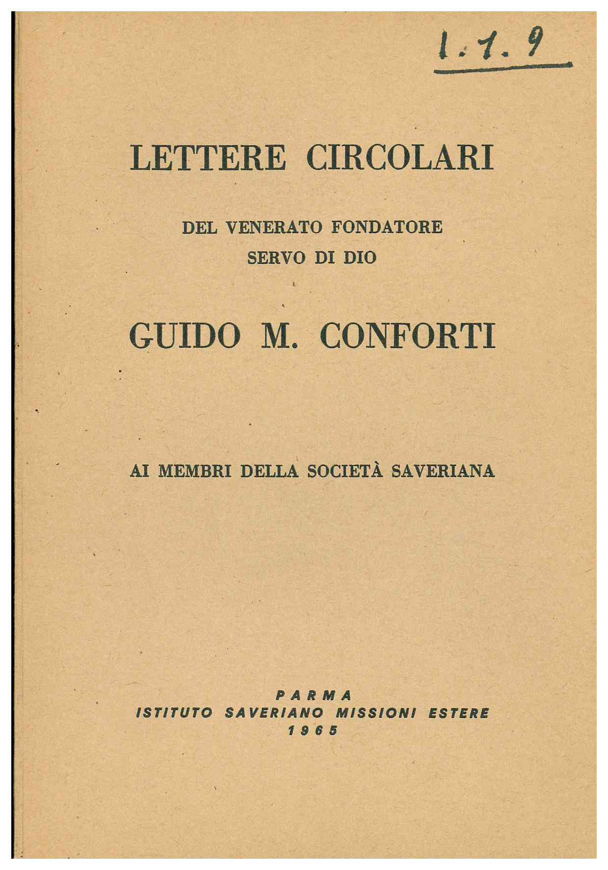 Copertina di Lettere Circolari del Venerato Fondatore Servo di Dio Guido Maria Conforti ai membri della Società Saveriana