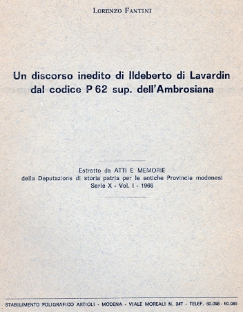 Copertina di Un discorso inedito di Ildeberto di Lavardin dal codice P 62 sup. dell'Ambrosiana